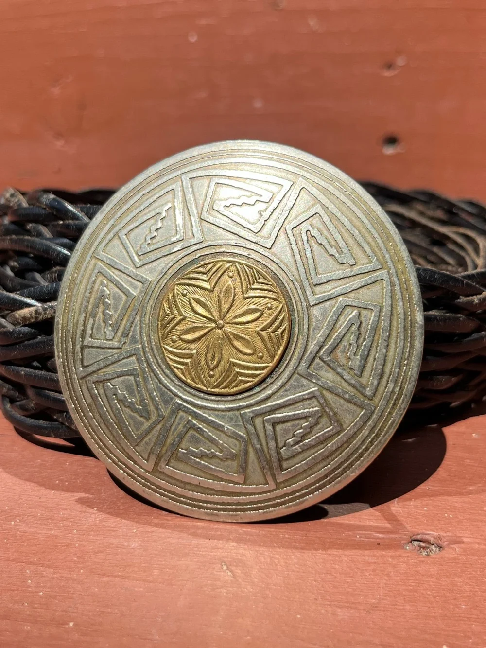 Y2K Chico’s Distressed Braided Genuine Leather Mixed Metal Medallion Belt Boho